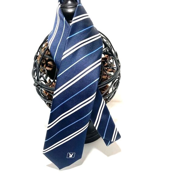 PLAYBOY Tie Italy Blue Light Blue White Stripes Mens Necktie 54 x 3 inches - Picture 2 of 15